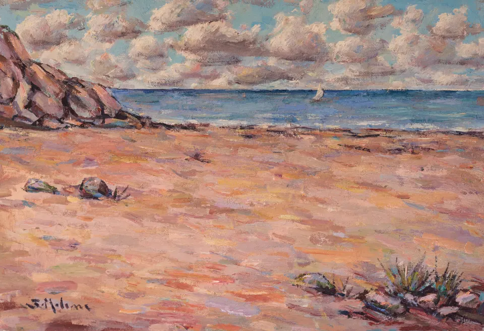 Playa con vela lejana