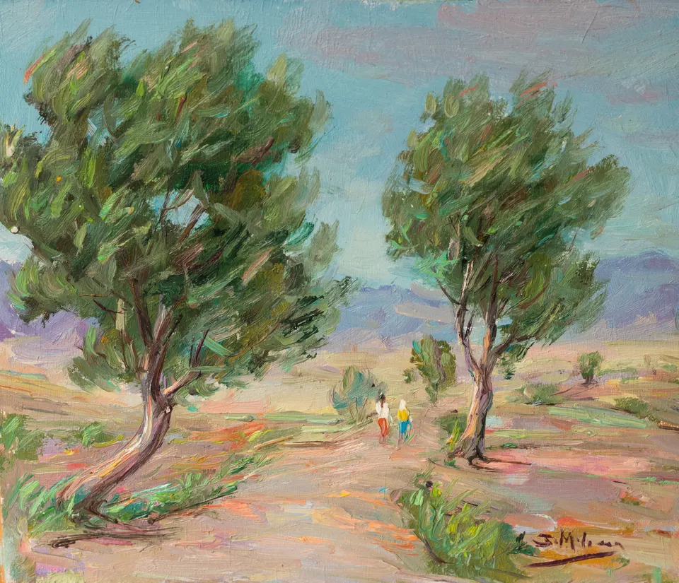 Dos figuras entre olivos