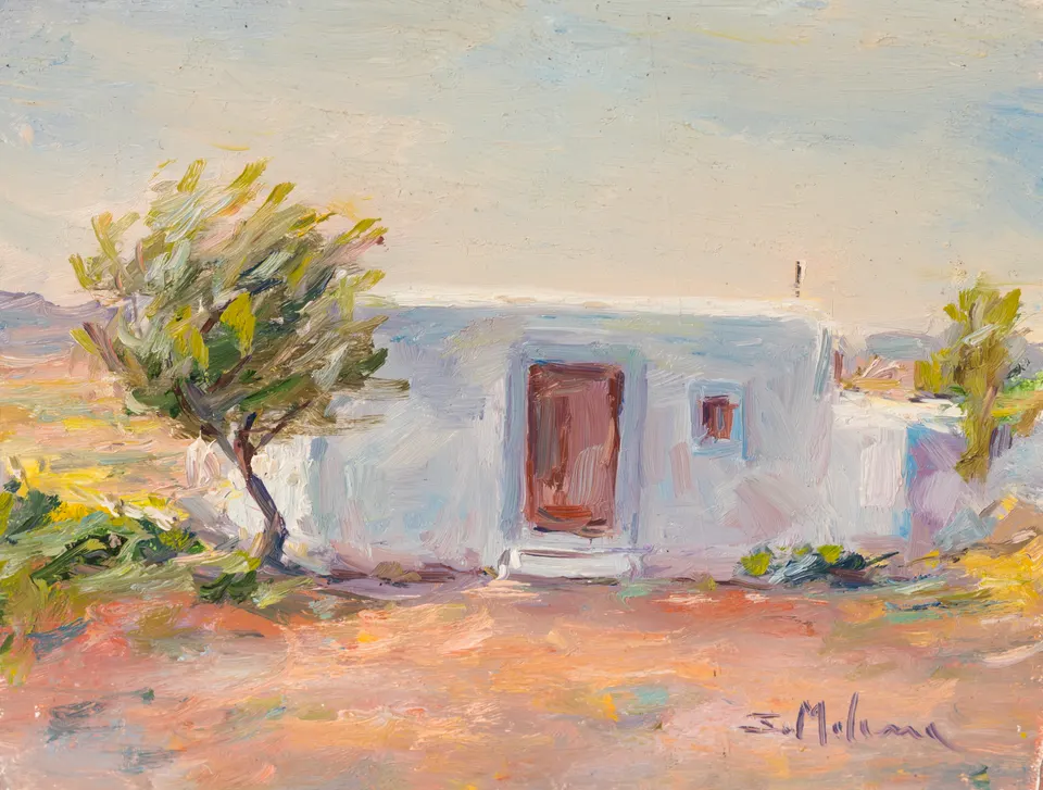 Casa blanca y árbol joven